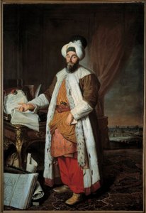 Retrato completo de Mehemet Said Pasha Bey de Roumelie, embaixador do Sultão Mahmud (Mahmoud) I em Versalhes em 1742 Pintura de Jacques Andre Joseph Ave, conhecido como Camelot ou Avet le Batave (1702-1766)