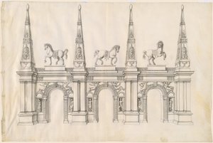Um arco triunfal com cavalos adornados e pináculos ornamentados de Jacques Androuet Ducerceau I