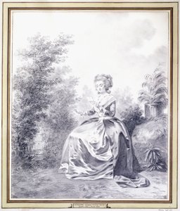 Retrato de Elisabeth Louise Vigee-Lebrun lendo uma carta sentada no jardim (giz preto) de Jacques Antoine Marie Lemoine