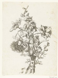 Bouquet com anêmonas, um jacinto e delphiniums Diverse Fleurs mises en Boucquets (título da série) de Jacques Bailly (I)