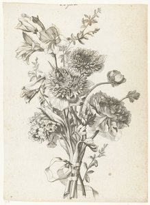 buquê de anêmonas Buquê com anêmonas, uma peônia, flores de caule e gladíolo Diverse Fleurs mises en Boucquets (título da série) de Jacques Bailly (I)