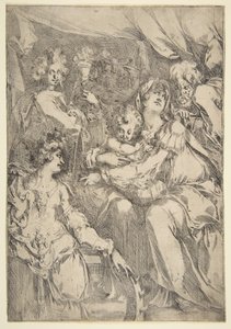 A Sagrada Família com Santa Catarina, São João Evangelista e um Anjo, 1612-16. de Jacques Bellange