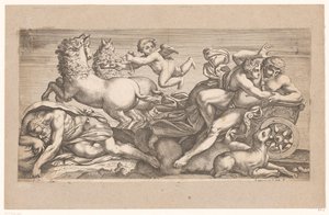 Cephalus levado por Aurora em sua carruagem Cenas mitológicas após afrescos no Palazzo Farnese em Roma (título da série) de Jacques Belly