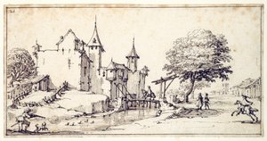 Um chateau com ponte levadiça (caneta e tinta castanha sobre papel) de Jacques Callot