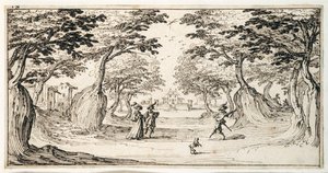 Uma bela senhora e um cavalheiro dançando na floresta a um alaúde, um castelo ao longe (caneta e tinta marrom sobre papel) de Jacques Callot