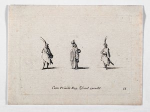 Uma senhora com um casaco comprido e dois cavaleiros, de ... (gravura) de Jacques Callot