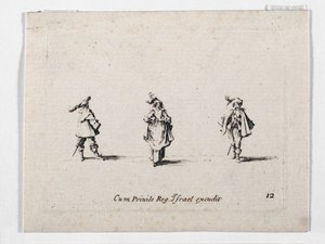 Uma senhora com um chapéu de plumas e dois cavaleiros, de ... (gravura) de Jacques Callot
