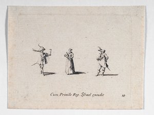 Uma senhora com uma garrafa de vinho e dois cavaleiros, de ... (gravura) de Jacques Callot