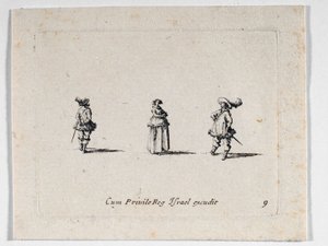 Uma senhora de braços cruzados e dois cavaleiros, de ... (gravura) de Jacques Callot