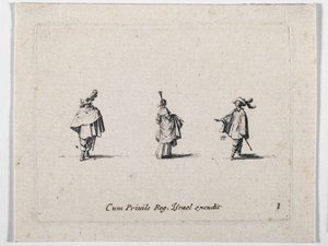 Uma senhora com saia franzida e dois cavaleiros, de Les Fantaisies de Noble J. Callot ... (gravura) de Jacques Callot
