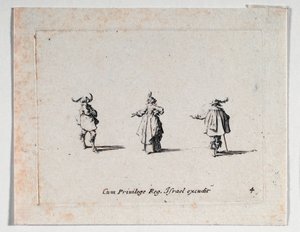 Uma senhora com a mão estendida e dois cavaleiros, de ... (gravura) de Jacques Callot