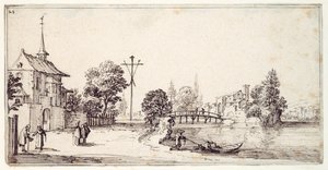Uma estrada ao longo da margem do rio (caneta e tinta castanha sobre papel) de Jacques Callot