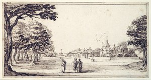 Uma rua em Bainville-sur-Madon, com a casa de Callot (caneta e tinta marrom sobre papel) de Jacques Callot