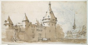 Um chateau tartaruga e uma igreja (lavagem castanha e cinzenta sobre giz preto sobre papel) de Jacques Callot