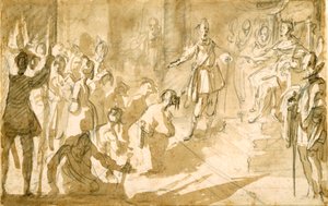 Almirante Inghirami apresentando prisioneiros turcos ao rei Fernando I da Toscana, c.1615 (caneta e tinta com giz sobre papel) de Jacques Callot