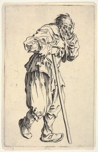 Homem barbudo, vestido de farrapos, segurando a cabeça com uma mão e uma bengala com a outra, de «Os Mendigos» (Les Gueux) de Jacques Callot