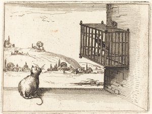 Gato observando pássaro engaiolado de Jacques Callot