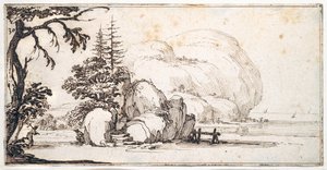 Fantásticas pedras junto à costa, edifícios na costa (caneta e tinta castanha sobre papel) de Jacques Callot