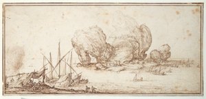 Pedras fantásticas, fortificadas. Transporte. Marinheiros bivouac à vista do seu ofício (Le Grand Rocher) (caneta e tinta sobre papel) de Jacques Callot