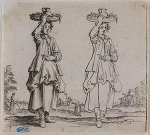 Figuras variadas. A camponesa vista de frente, segurando um cesto na cabeça. Sexto número de uma série de 16 peças (Lieure 203, Meaume 741) de Jacques Callot