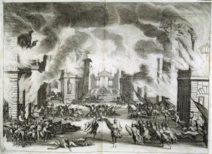 Ilustração da peça "O Solimão" (Il Solimano). Tragédia de Próspero Bonarelli, Ato V, Cena V, 8 de dezembro de Jacques Callot