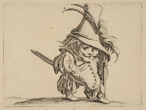 O homem com uma barriga caindo e um chapéu muito alto O homem com uma barriga caindo e uma ..., 1616-22. de Jacques Callot