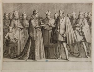 A Vida de Fernando I de Médici, O Casamento de Fernando I. Primeiro número de uma série de 16 peças concluídas e 2 peças suplementares (Lieure 147, Meaume 534) de Jacques Callot