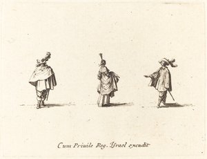 Senhora com vestido reunido e dois cavalheiros de Jacques Callot