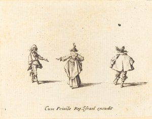Senhora com braço estendido, visto de trás, e dois cavalheiros de Jacques Callot