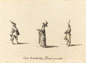 Senhora com chapéu emplumado e dois cavalheiros de Jacques Callot