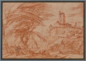 Landschaft, rechts auf einem Hügel ein großer Turm, links eine Baumgruppe und einige Figuren de Jacques Callot