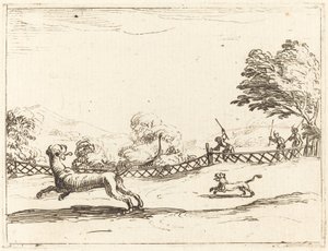 Leoa e filhote perseguidos por caçadores de Jacques Callot