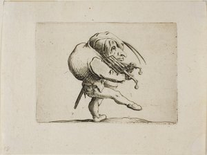 Homem tocando um grill como violino, de Varie Figure Gobbi de Jacques Callot