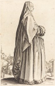 Mulher nobre vestindo um véu e um vestido enfeitado em pele de Jacques Callot
