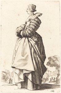 Mulher nobre de perfil com as mãos em um regalo de Jacques Callot