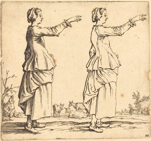 Mulher Camponesa, de Perfil, Virado à Direita, com Braço Estendido, 1617 e 1621. de Jacques Callot