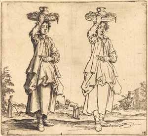 Mulher camponesa com cesta na cabeça, vista frontal de Jacques Callot