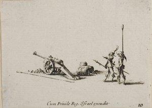 Preparando-se para disparar o Canon, placa dez dos Exercícios Militares de Jacques Callot