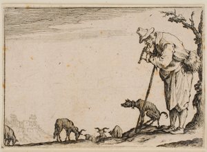 Pastor a tocar flauta, de «Os caprichos» (edição florentina) de Jacques Callot