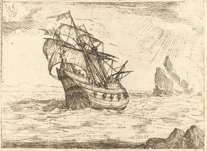 Navio navegando perto de rochas de Jacques Callot