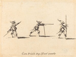 Tomando a posição de tiro com o mosquete de Jacques Callot