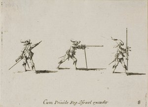 Tomando a Posição de Tiro com o Mosquete, placa oito dos Exercícios Militares de Jacques Callot