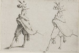 O cavalheiro de casaco, posando com as mãos nos quadris, from Os Caprichos de Jacques Callot