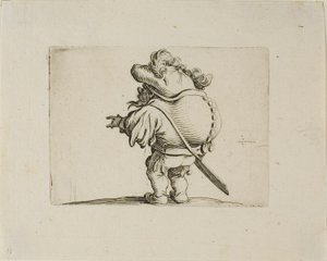 O grande homem barrigudo decorado com uma fileira de botões, de Varie Figure Gobbi de Jacques Callot