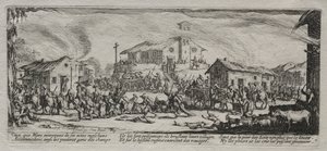 As grandes misérias da guerra: pilhagem e queima de uma aldeia, 1633. de Jacques Callot