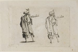 O homem visto de costas, braço direito levantado, de Os Caprichos de Jacques Callot