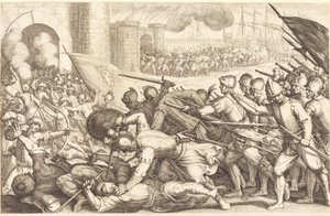 As tropas forçando o portão de uma cidade de Jacques Callot