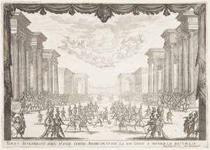 Terceiro Intermezzo, a batalha é interrompida pela chegada do amor com seu cortejo de Jacques Callot