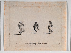 Três cavaleiros, de Les Fantaisies de Noble J. Callot ... de Jacques Callot