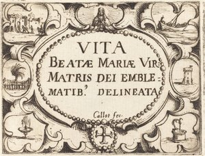 Página de título para "A Vida da Virgem em Emblemas" de Jacques Callot